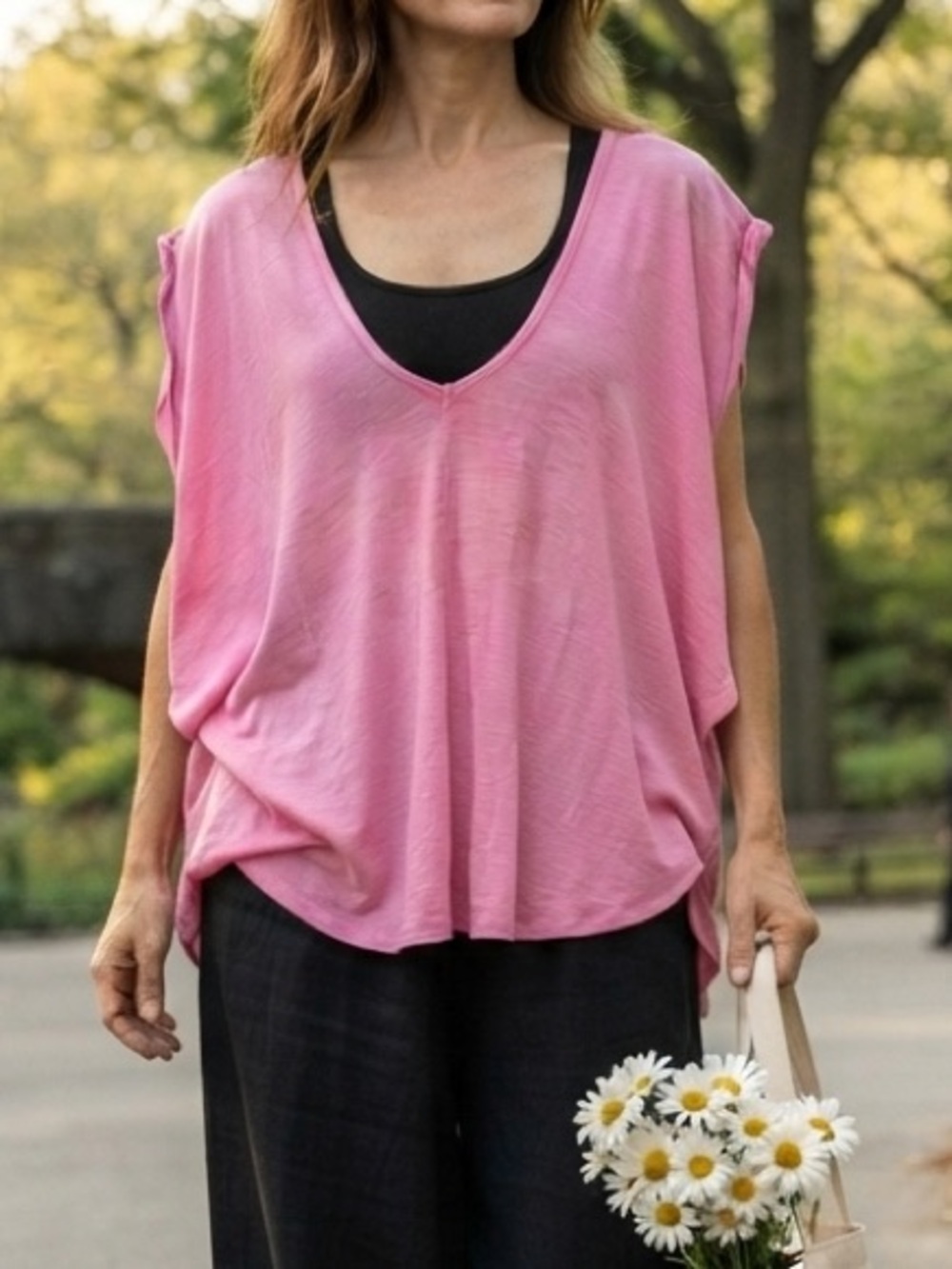 Free People We The Free Pink Oversized Flowy V-Neck Cap Sleeve Top M Lagenlook